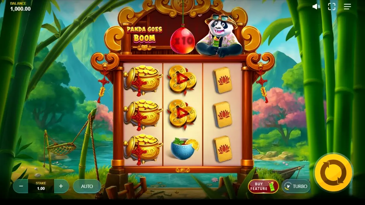 Panda relaxando em um cenário paradisíaco com elementos do slot Panda Goes Boom
